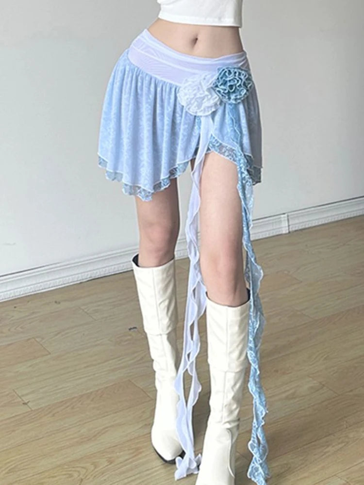 French Lace Irregular Mini Skirts Office Lady Causal Hot Girl Slim Short Skirts Summer Korean Rose Aline Skirts