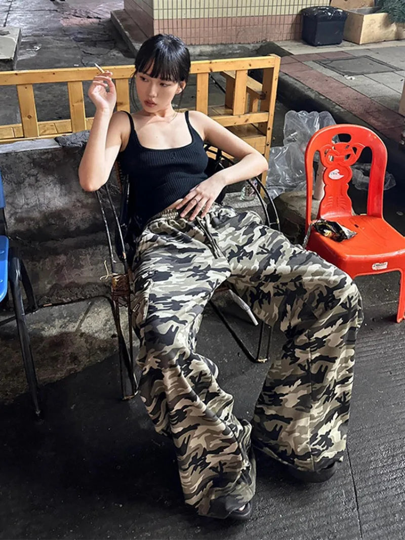 American Retro Punk Camouflage Pocket Cargo Pants Y2k High Street Hip Hop Loose Street Straight Wide Leg Pants