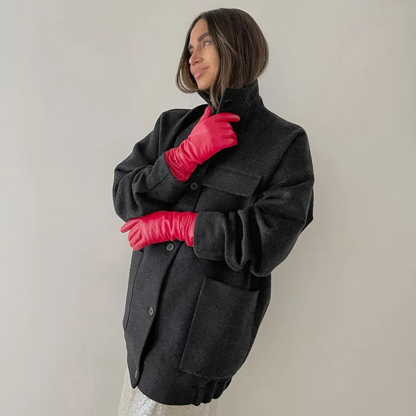 Autumn Winter Warm Woolen Jackets for Basical Big Pockets Long Sleeve Coats Outwear Clothes