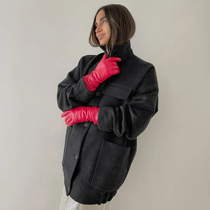 Autumn Winter Warm Woolen Jackets for Basical Big Pockets Long Sleeve Coats Outwear Clothes