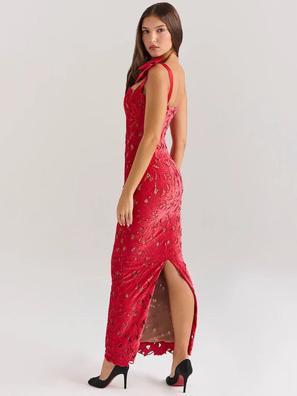 Bows Lace Maxi Dress for Sleeveless Backless Bodycon New Year’s Birthday Club Party Long Dress