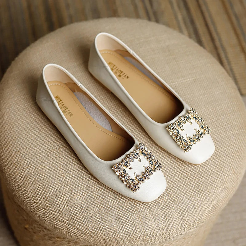 Rhinestone Lace Square Buckle Square Closed Toe Slip on Flat Shoes , Work Driving Walking Wedding