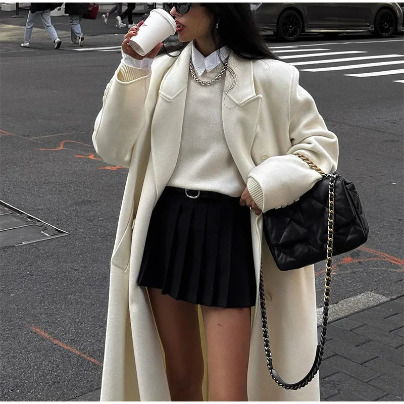 White Double Breasted Loose Woolen Coat Oversized Long Sleeve Overcoat Fall Winter New Outerwear