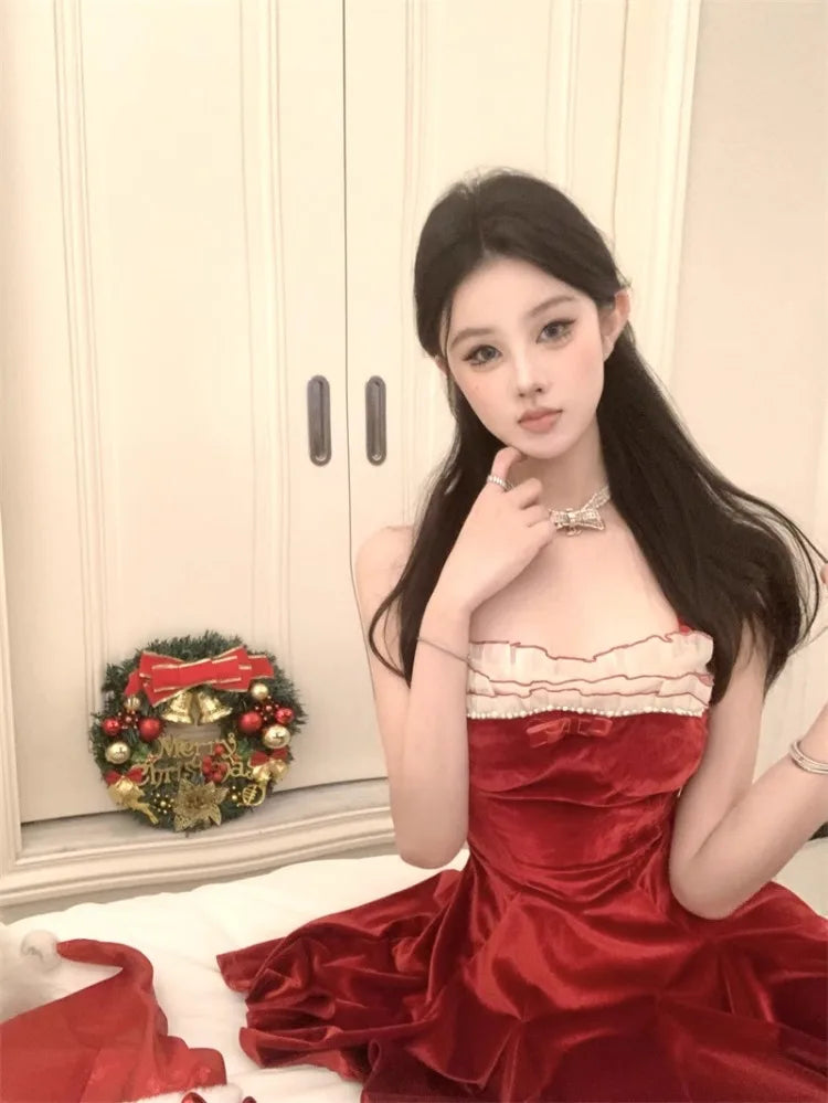 Dresses Sleeveless Velvet Patchwork Bow Ruffles Slim Backless Mini Dress Party Female