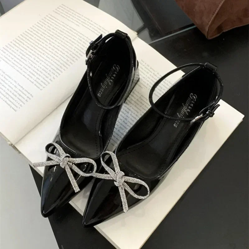 New Rhinestone Bow Decorated High Heels Black Slingback Buckle Design Covered Heel Pointed Toe Mary Jane Shoes