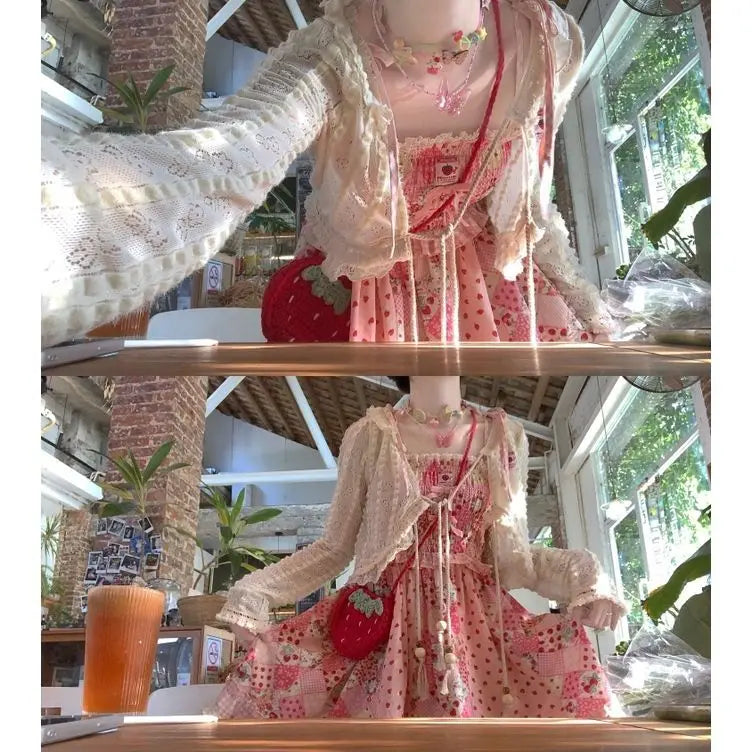 Japan Kawaii Dress Strawberry Stitching Suspender Skirt Laceup Cardigan Japanese Style Sweet