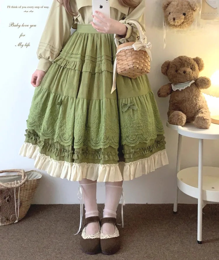 Embroidered Lace Ball Gown Skirts Bow Selvedge Lotus Leaf Skirt Clothing Sweet Age Reduction Kawaii Skirt