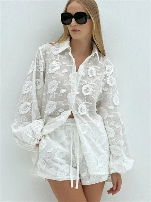 Printed See-through Outfits Female Patchwork Cardigan Shirts and Lace-up High Waist Shorts Sets Autumn 2 Piece-set