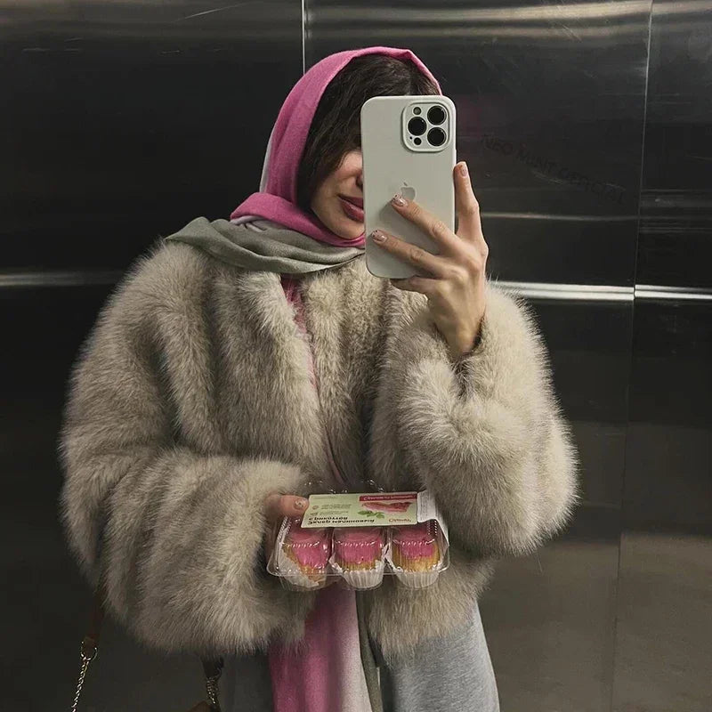Brand Icon Kendall Jenner Brown Gradient Faux Fur Jacket Winter New Cropped Fox Fur Coat