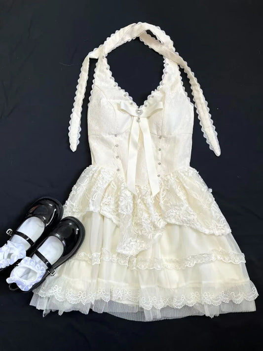 Sweet Thin 2piece Set Dress Design Bow Slash Neck Sleeveless Lace Dresses Female Cardigan