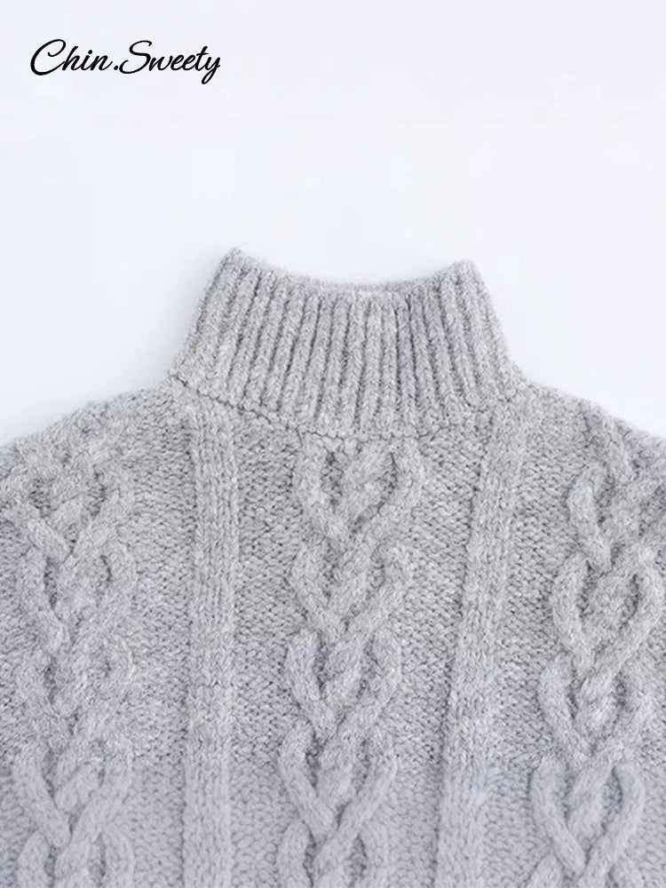 Beading Twist Pullover Knit Gray Long Sleeve High Collar Sweater Lady High Street Lady All-matching Knitwear