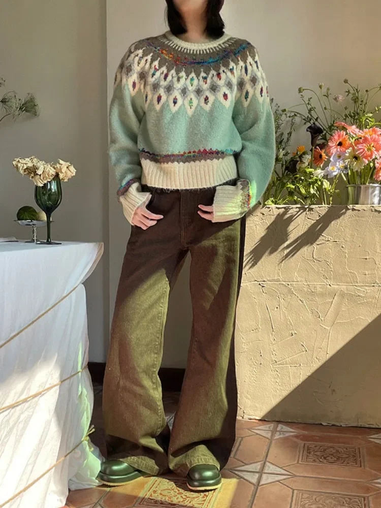 Argyle Knit ‘s Sweaters Harajuku Rainbow Color Long Sleeve Pullovers Japan Style Cutecore Winter Clothes