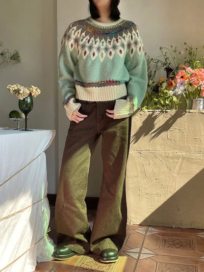 Argyle Knit ‘s Sweaters Harajuku Rainbow Color Long Sleeve Pullovers Japan Style Cutecore Winter Clothes
