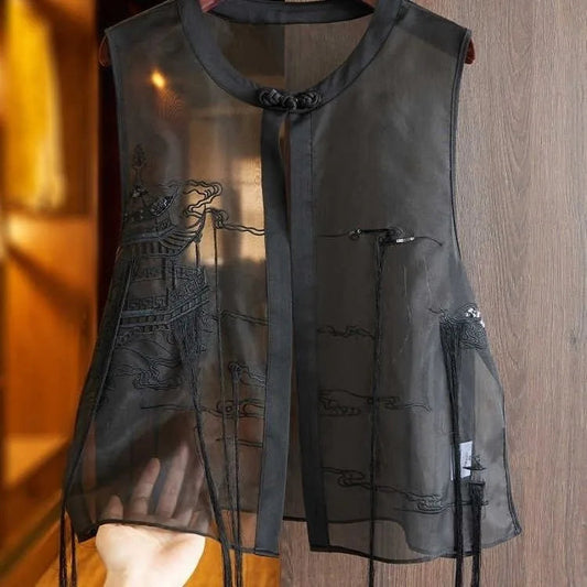 Vests Sheer Chinese Style Black Summer Allmatch Mom Clothing Embroidery Design Outwear Tassel Sleeveless
