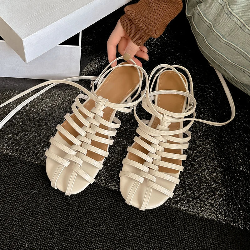 Design Rome Style Sandals Summer Low Heels Narrow Band Party Shoes Woman Genuine Leather Quality