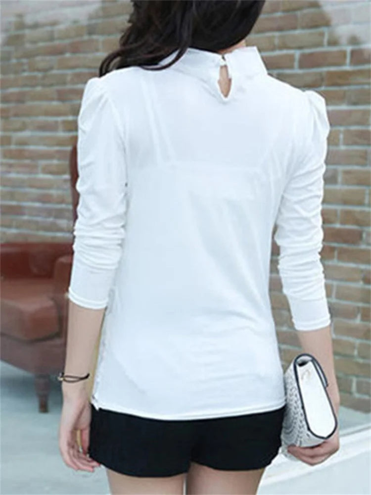 Spring Autumn Style Lace Blouses Shirts Lady Peter Pan Collar Long Sleeve Beading Blusas Top Df1758
