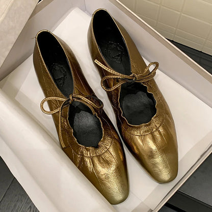 Genuine Leather Pleated Laceup Ballet Flats Round Toe Soft Comfortable Ballerinas Shoes for New