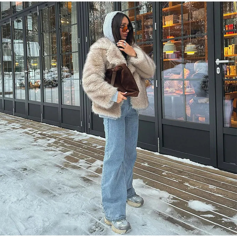 Furffy Thicken Jackets Faux Fur Loose Lapel Long Sleeves Warm Coats Female Winter Soft Outwears Lady