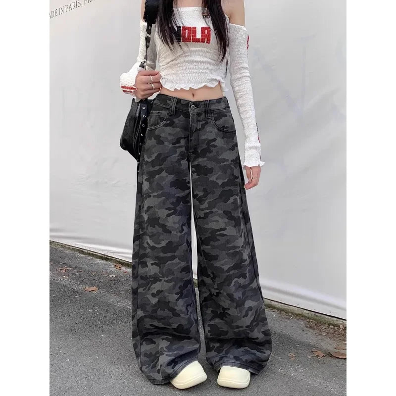 Camouflage Loose Jeans Autumn New High Street Contrast Color Patchwork Denim Wide Leg Pants