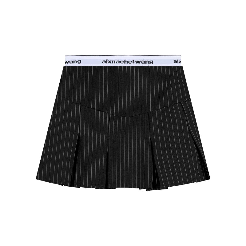 Contrast Color Patchwork Pleated Aline Skirt Spring New Fake Twopiece Letter Printed Slim Mini Skirt