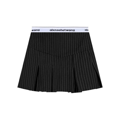 Contrast Color Patchwork Pleated Aline Skirt Spring New Fake Twopiece Letter Printed Slim Mini Skirt