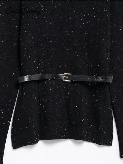 Black Turtleneck Sweater Pullover for With Belt Long Sleeved Loose Knitwear Female Spring Lady Soft Jumper New