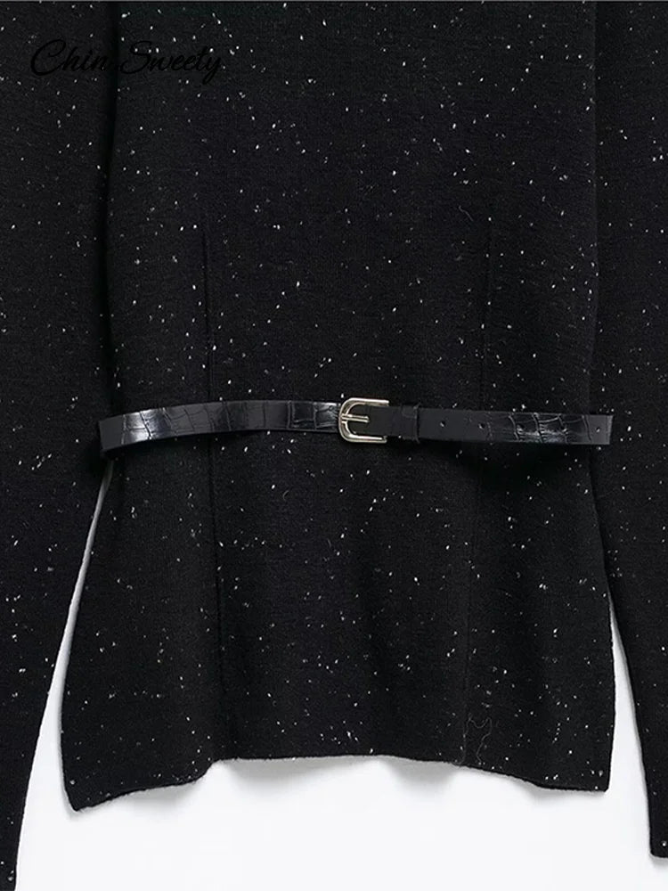 Black Turtleneck Sweater Pullover for With Belt Long Sleeved Loose Knitwear Female Spring Lady Soft Jumper New