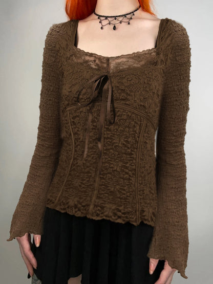 Hotsweet Lace Trim V-neck Brown Long Sleeve Blouses Bow Lace Up Flared Sleeve Slim Y2k Autumn New T-shirt