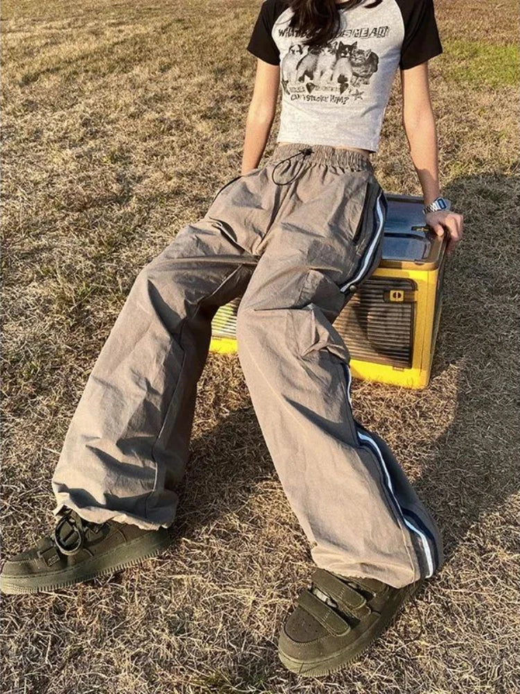 Cargo Pants for Hip Hop Oversize Wide Leg Trousers Y2k Pocket Side Stripe Ladie Jogger Pantalon