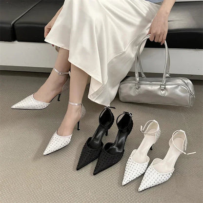 Rhinestone Pumps Pointed Toe Thin High Heels Ankle Strap Buckle Heeled Sandals Banquet Dress Shoes