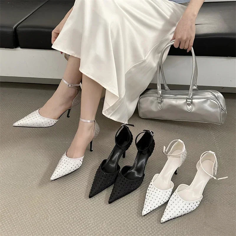 Rhinestone Pumps Pointed Toe Thin High Heels Ankle Strap Buckle Heeled Sandals Banquet Dress Shoes