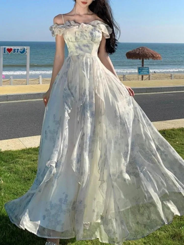 Summer Midi Dress Aline Ruffles Beach Holiday Clothes Female Robe Vestidos New