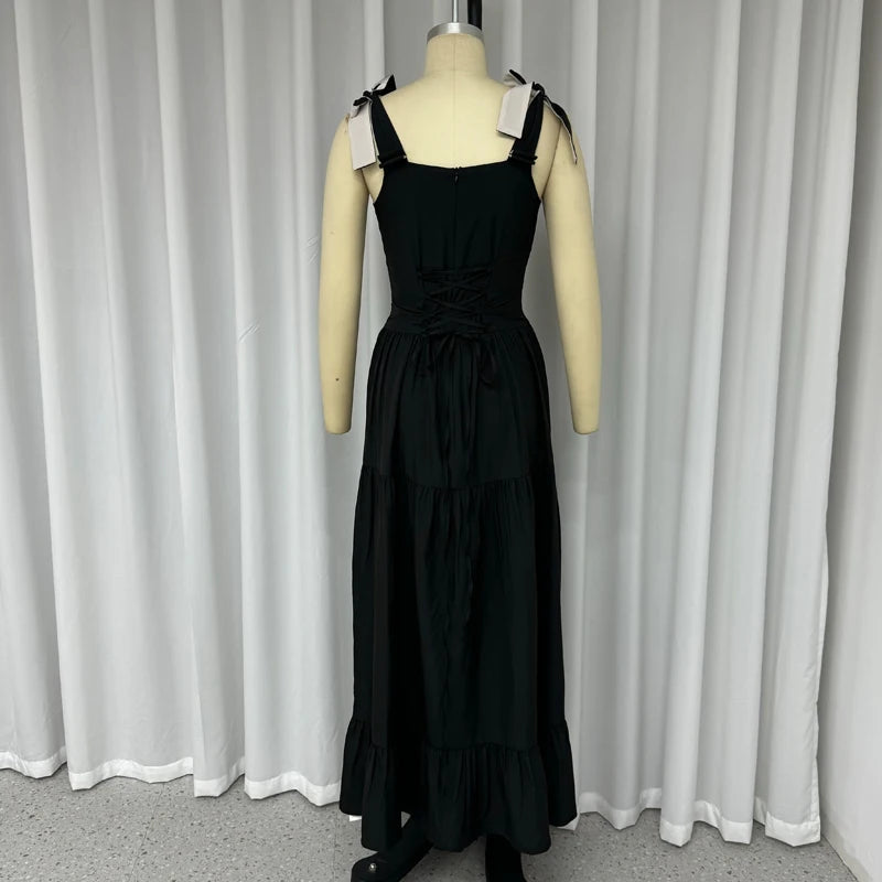 Dresses Summer Square Neck Bow Strap Sleeveless Black Pleated Party Long Dress