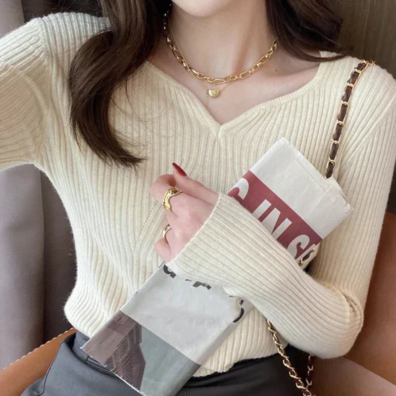 Slim V-neck Bottoming Sweater Autumn Winter for Pullovers Long Sleeve Knit Warm Office Sweater