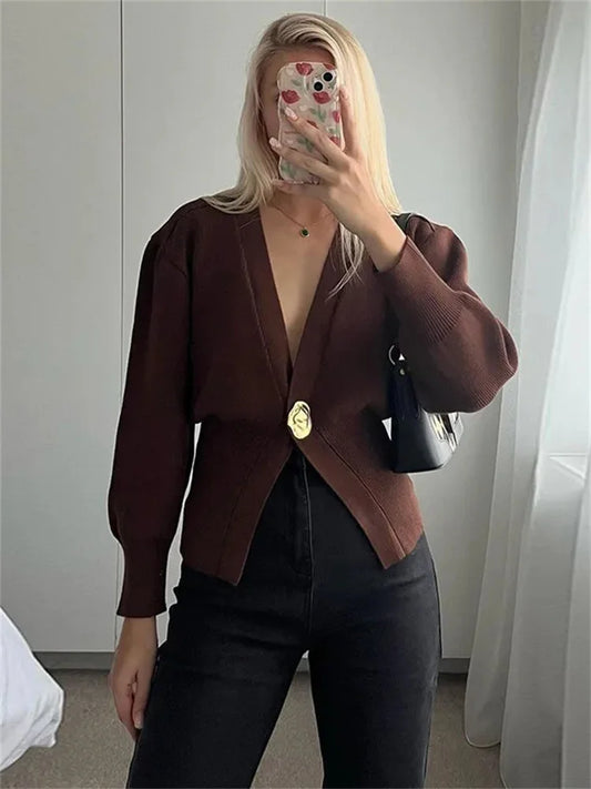 Knitwear V-neck Cardigan Coat for Long Sleeve Autumn Cropped Outwear Knit ’s Cardigan Top