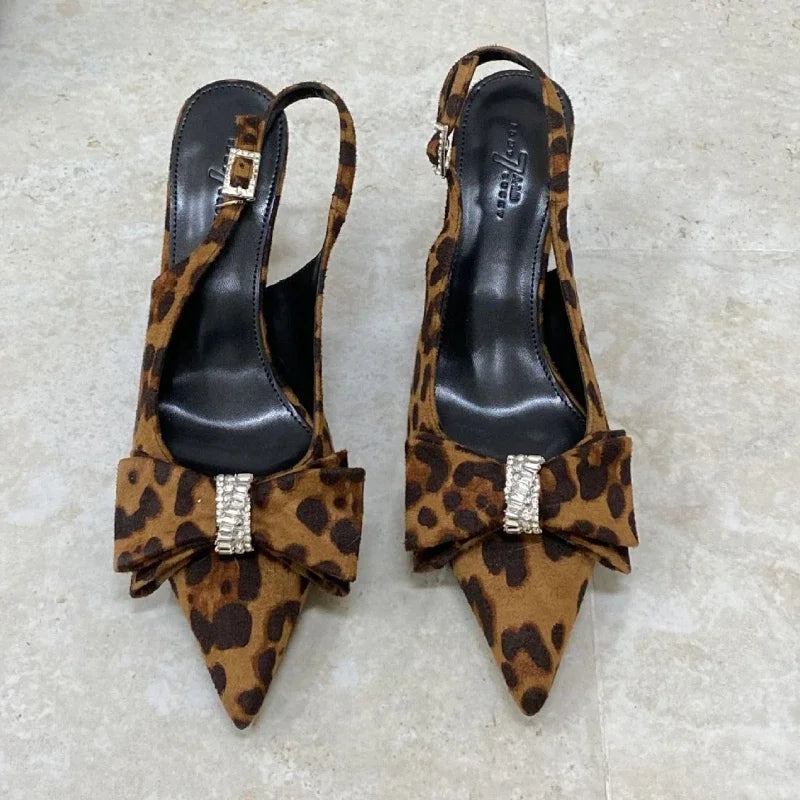 Leopard Thin High Heels Butterflyknot Office Shoes Summer Pointed Toe Sandals Pumps Sandalias De Mujer