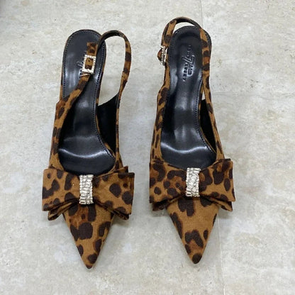 Leopard Thin High Heels Butterflyknot Office Shoes Summer Pointed Toe Sandals Pumps Sandalias De Mujer