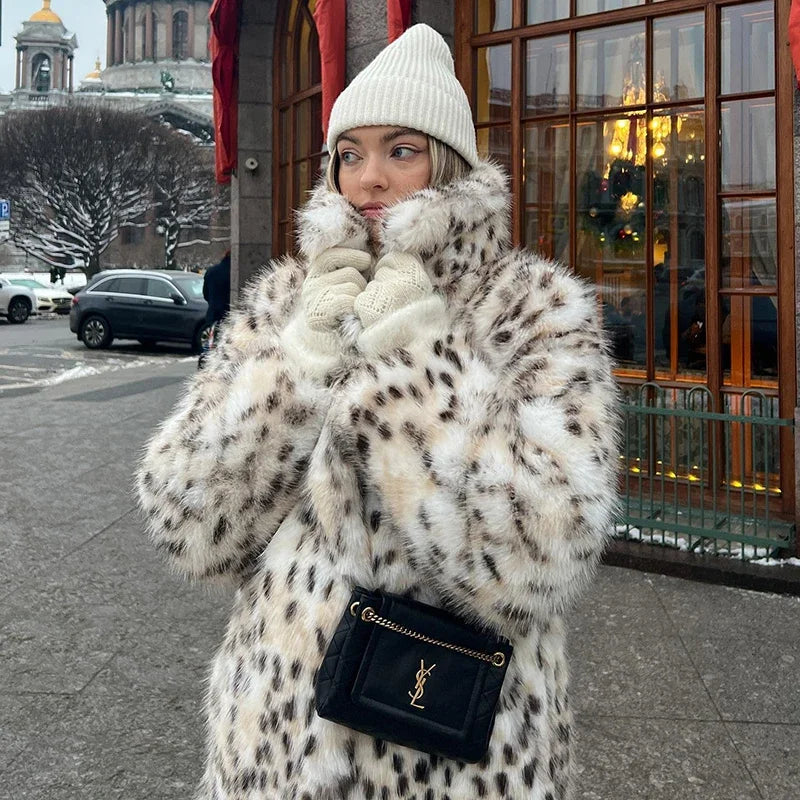 Maxi Long Leopard Belted Faux Fur Coat Winter Brand Mob Wife Vibe Fox Fur Jacket Overcoat