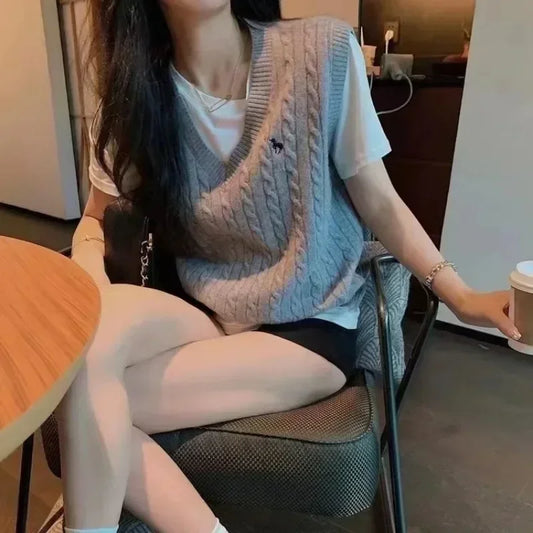 Sweater Cardigan Sleeveless Top Sweater Knitted Vest Commuter Style Clothes Preppy Look Autumn Winter Woolly