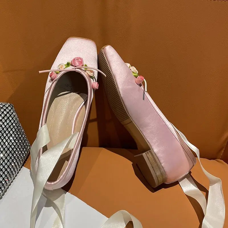 Square Toe Silk Pink Ballet Shoes Flower Lace Up Chunky Heel Shoes