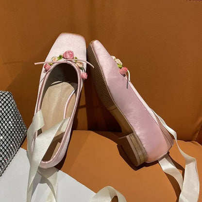 Square Toe Silk Pink Ballet Shoes Flower Lace Up Chunky Heel Shoes