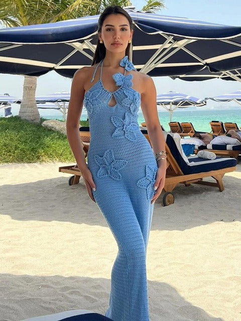 See Through Crochet Knit Maxi Dress for Halter Sleeveless Backless Party Long Dress Beachwear New