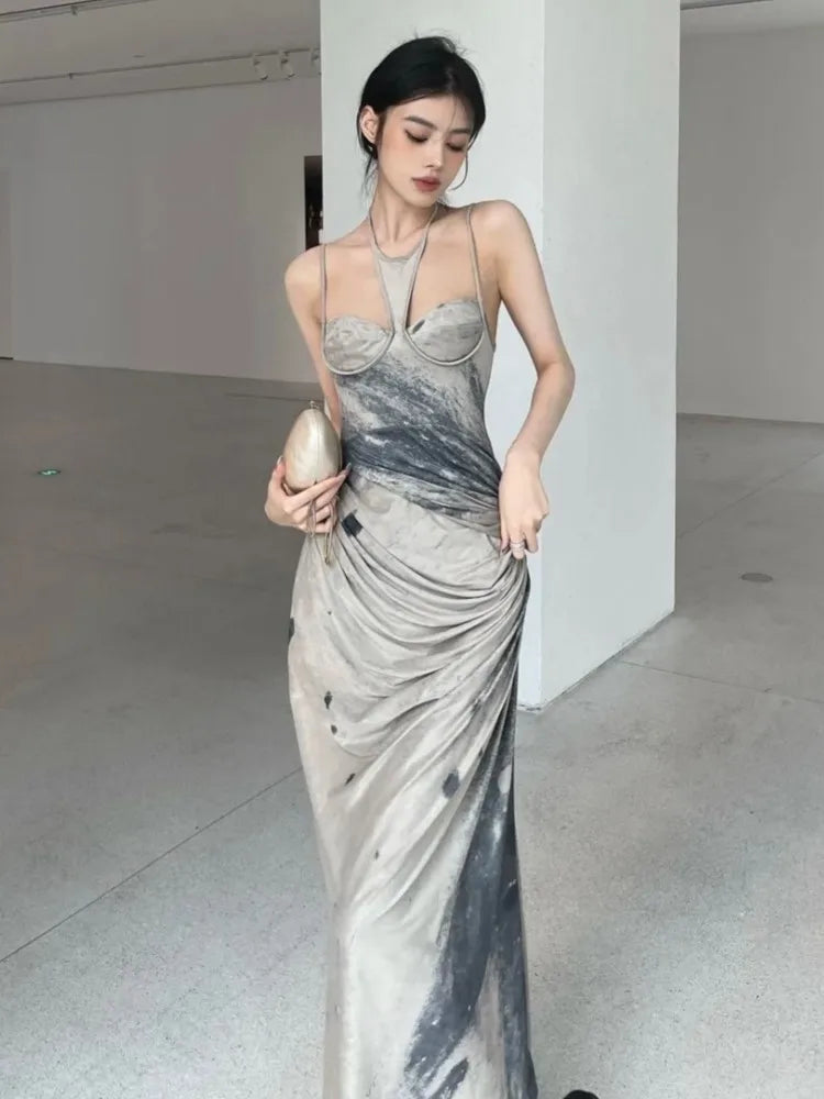 Tie Dye Designer Long Halter Dresses for Summer Backless Ruched Aline Maxi Dress Clothing