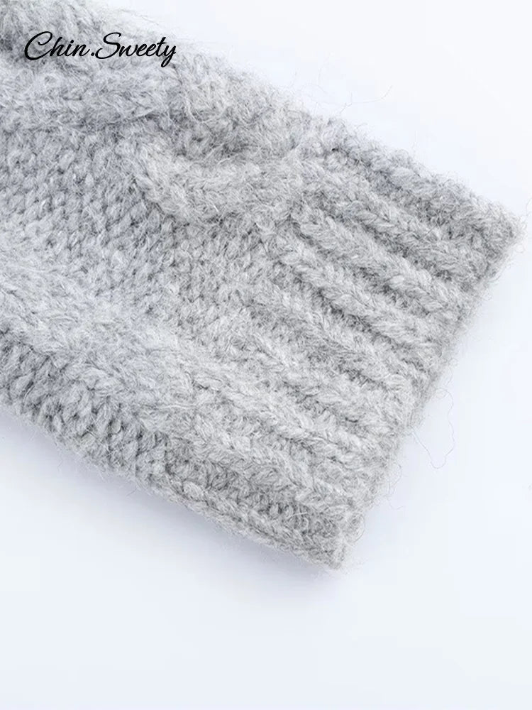Beading Twist Pullover Knit Gray Long Sleeve High Collar Sweater Lady High Street Lady All-matching Knitwear