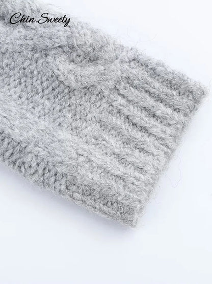 Beading Twist Pullover Knit Gray Long Sleeve High Collar Sweater Lady High Street Lady All-matching Knitwear