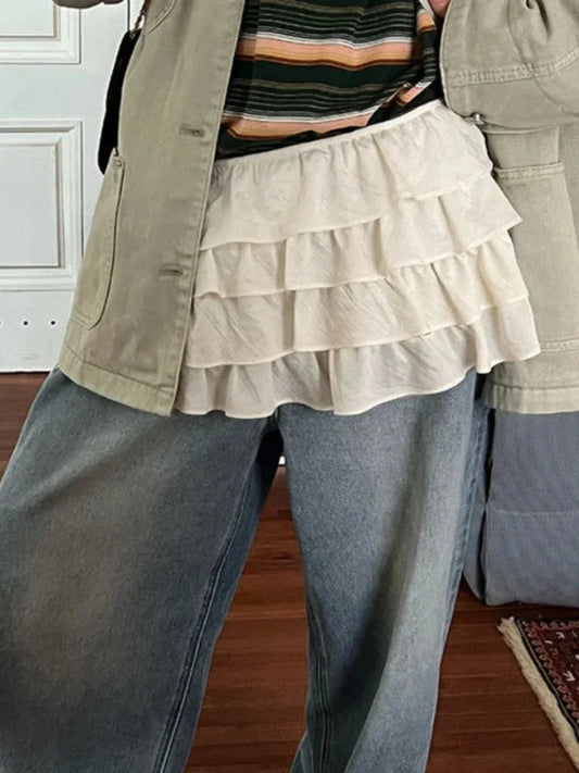 Korean White Mini Skirts Ruffles Lace Up All Match Pleated Skirts Kawaii Cake Layered Short Skirts