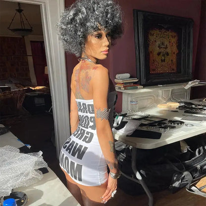 Letter Print Strapless Hip Club Mini Dress