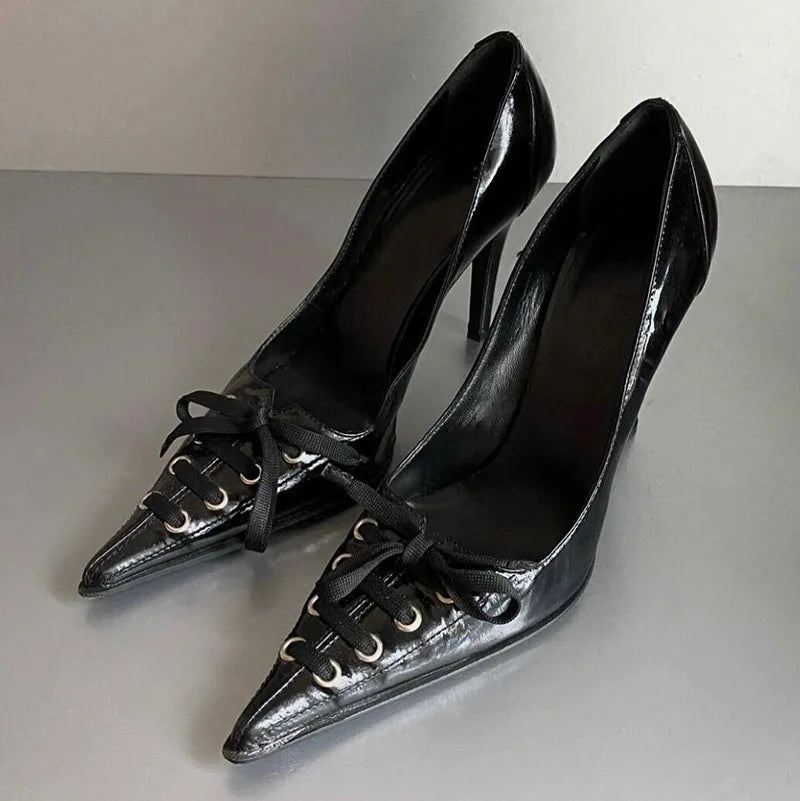 Leopard Print High Heels Pointed Toe Pumps Lace Up Designer Sandal Rhinestone Party Dress Shoes