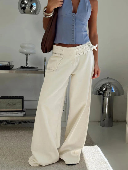 Pocket Adjustable Waist Wide Leg Pant Low Rise Waist Baggy Denim Trouser Jeans Femme Summer New