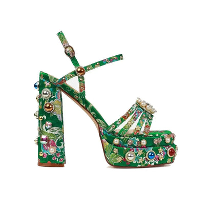 European and American Thick High Heels, Thick Soles, Pure Handmade Diamond Inlaid Sandals, Nightclub Runway Shoes